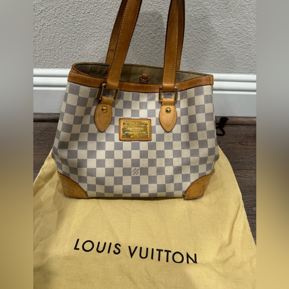 Louis Vuitton Damier Azur Canvas Tote with Tan Leather Accents